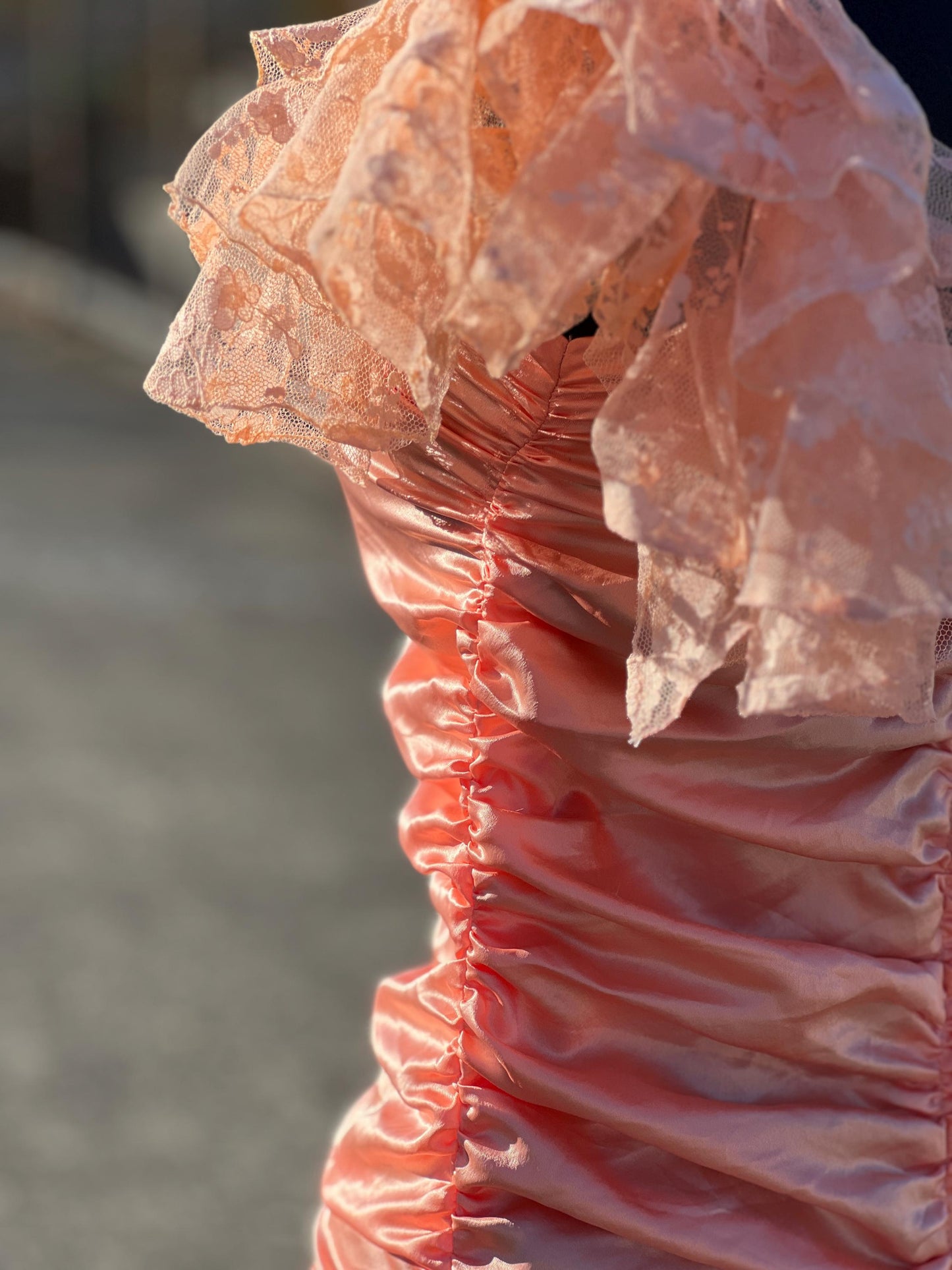 Incredible 1980's Handmade Salmon Pink Lace Ruched Party Dress