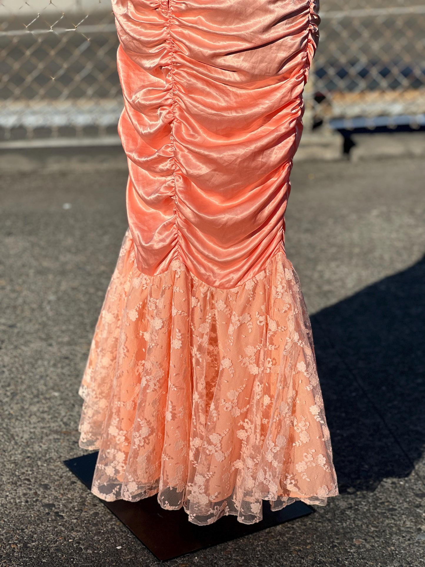 Incredible 1980's Handmade Salmon Pink Lace Ruched Party Dress