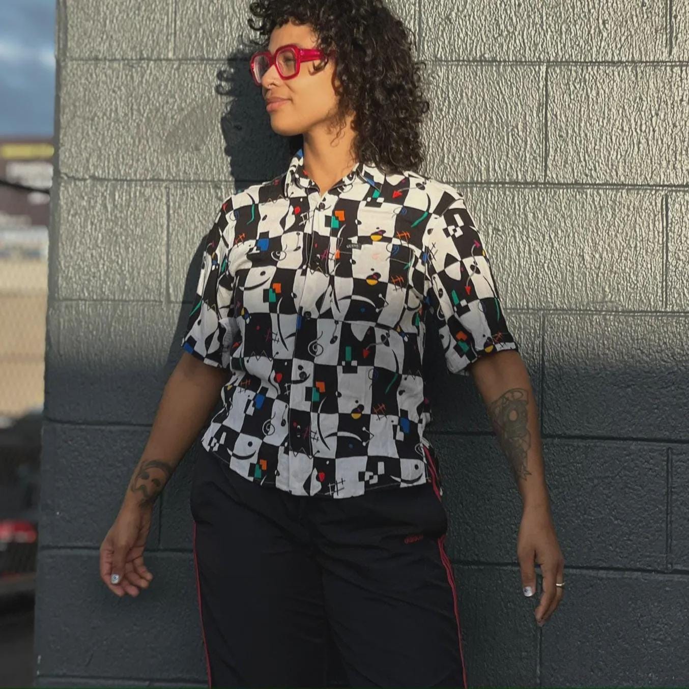 1990's Guess Checkered Button-Down Abstract Short-Sleeve Shirt